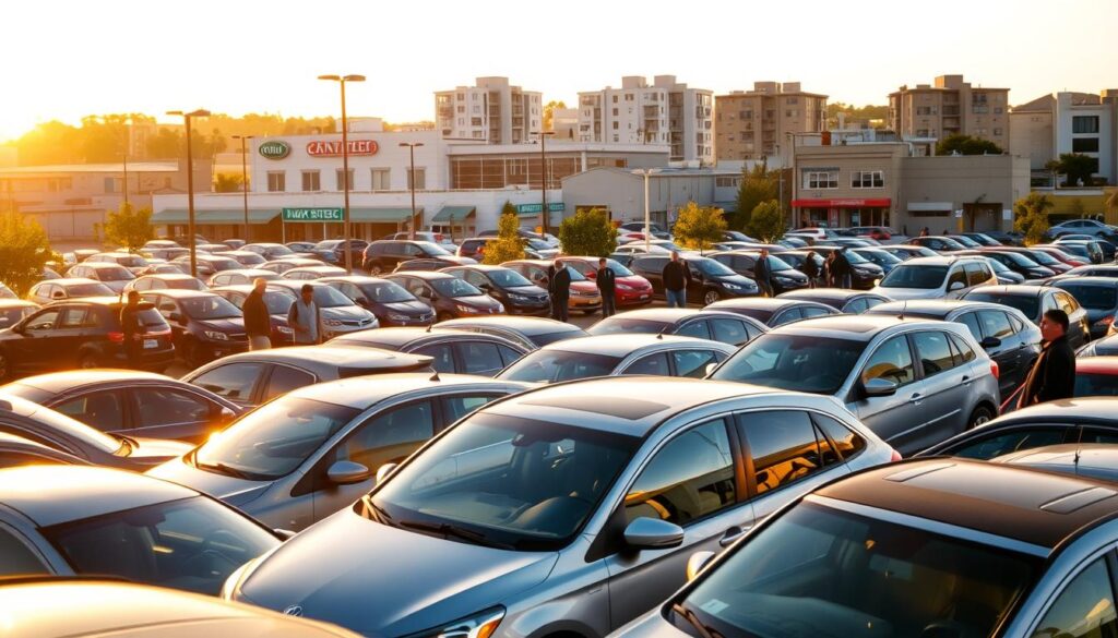 A bustling used car lot in a thriving local community, bathed in the warm glow of a setting sun. In the foreground, rows of well-maintained vehicles await their next owners, their gleaming exteriors reflecting the vibrant energy of the scene. In the middle ground, potential buyers examine the cars, negotiating prices and discussing features with attentive salespeople. In the background, the buildings of the local economy stand tall, their facades suggesting a sense of prosperity and growth fueled by the steady flow of commerce from the car lot. The atmosphere is one of optimism and opportunity, where the exchange of used vehicles contributes to the overall economic vitality of the neighborhood. A bustling used car lot in a thriving local community, bathed in the warm glow of a setting sun. In the foreground, rows of well-maintained vehicles await their next owners, their gleaming exteriors reflecting the vibrant energy of the scene. In the middle ground, potential buyers examine the cars, negotiating prices and discussing features with attentive salespeople. In the background, the buildings of the local economy stand tall, their facades suggesting a sense of prosperity and growth fueled by the steady flow of commerce from the car lot. The atmosphere is one of optimism and opportunity, where the exchange of used vehicles contributes to the overall economic vitality of the neighborhood.