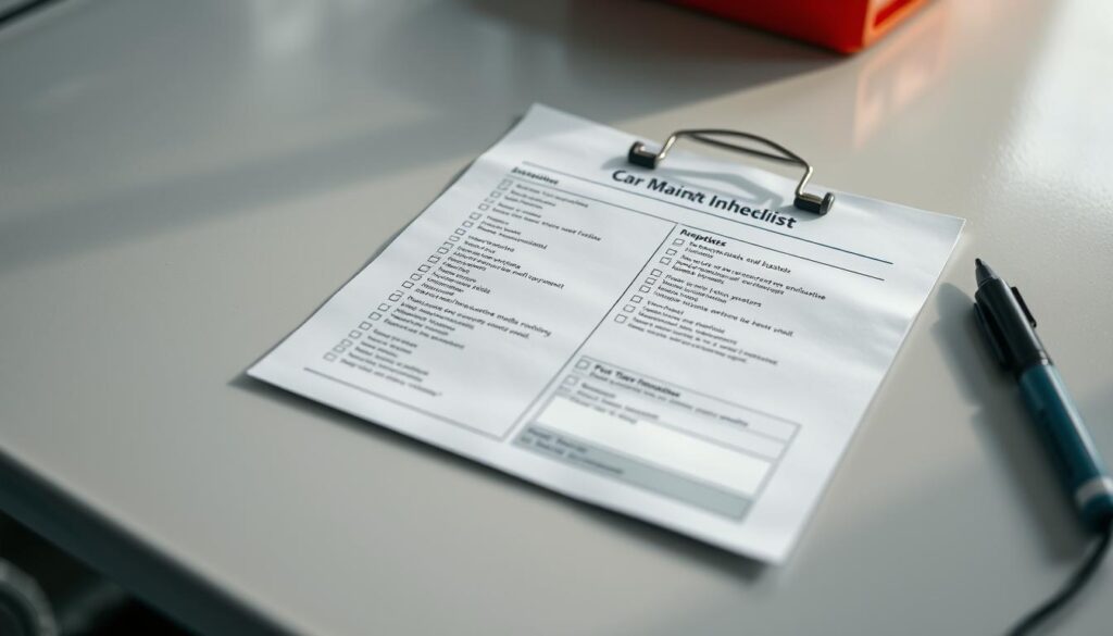 A neatly organized car maintenance checklist laid out on a clean, well-lit workbench. The checklist is detailed, covering essential inspection points like tires, brakes, fluids, and electrical systems. The background is blurred, placing the focus on the list itself, which is rendered in a clear, legible font. Soft, directional lighting from the side casts subtle shadows, creating depth and a professional, authoritative atmosphere. The overall composition is balanced, with the checklist centrally positioned and occupying a significant portion of the frame.
