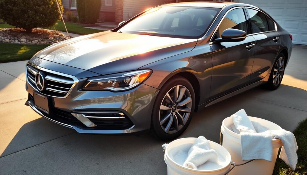A pristine, mid-size sedan parked in a well-lit, suburban driveway. The car's glossy, metallic paint glistens under the warm, afternoon sunlight, showcasing its sleek, aerodynamic curves. The front grille and chrome trim shine with a mirror-like finish, complementing the vehicle's bold, commanding presence. In the foreground, a bucket of soapy water and clean microfiber cloths suggest an ongoing exterior detailing session. The driveway is free of clutter, allowing the car to take center stage, its flawless bodywork and spotless condition highlighting the meticulous care and attention to detail.