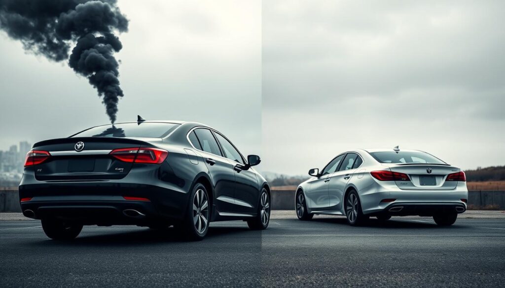 A side-by-side comparison of the carbon emissions from a brand-new car and a well-maintained used car, set against a muted backdrop of cityscape and open road. The new car stands gleaming in the foreground, its tailpipe belching dark smoke. The used car, slightly weathered but well-kept, emits a faint wisp of exhaust, a visual representation of its reduced environmental impact. The scene is bathed in cool, natural lighting, emphasizing the stark contrast between the two vehicles and their ecological footprints. The composition highlights the key message: how buying a pre-owned car can significantly lower one's carbon footprint. A side-by-side comparison of the carbon emissions from a brand-new car and a well-maintained used car, set against a muted backdrop of cityscape and open road. The new car stands gleaming in the foreground, its tailpipe belching dark smoke. The used car, slightly weathered but well-kept, emits a faint wisp of exhaust, a visual representation of its reduced environmental impact. The scene is bathed in cool, natural lighting, emphasizing the stark contrast between the two vehicles and their ecological footprints. The composition highlights the key message: how buying a pre-owned car can significantly lower one's carbon footprint.