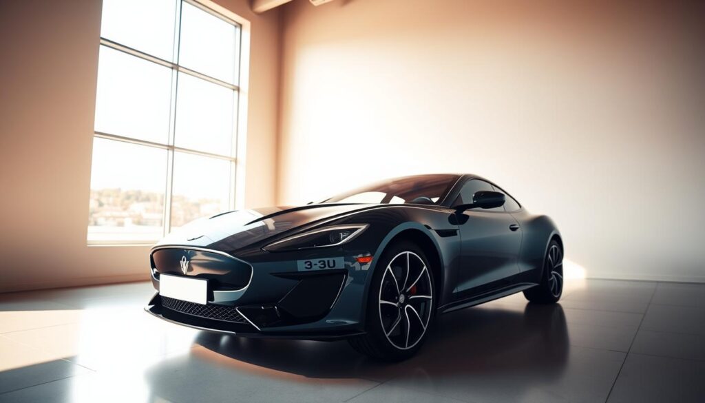 A vibrant, well-lit interior scene showcasing a car against a clean, minimalist background. The car is positioned at an angle, with its front quarter facing the viewer, highlighting its sleek, aerodynamic lines. Warm, natural lighting streams in through a large window, casting a soft, even glow across the vehicle's glossy surface. The camera is positioned at eye level, creating a sense of intimacy and showcasing the car's details in sharp focus. The overall mood is one of elegance, professionalism, and attention to detail, reflecting the care and consideration that goes into preparing a car for private sale.