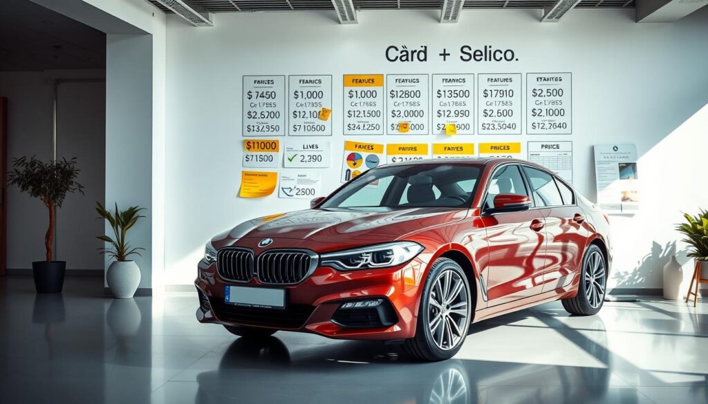 Detailed image of a car pricing guide, with a bright and informative atmosphere. Foreground shows a modern sedan from a slightly elevated angle, showcasing its key features. Middle ground displays a well-organized array of price tags, stickers, and notes, illustrating different pricing strategies. Background depicts a minimalist office setting with clean lines, natural lighting, and a sense of professionalism. The overall composition conveys a practical and accessible approach to setting a competitive price when privately selling a car.